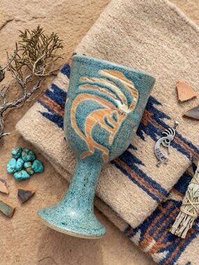 Vintage Kokopelli Studio Pottery Wine Goblet Signed Moki Blue Teal Glazed 2000